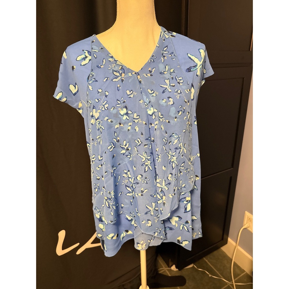 H by Halston Blue Floral Layered V-Neck Blouse Size 4 Cap Sleeve Top